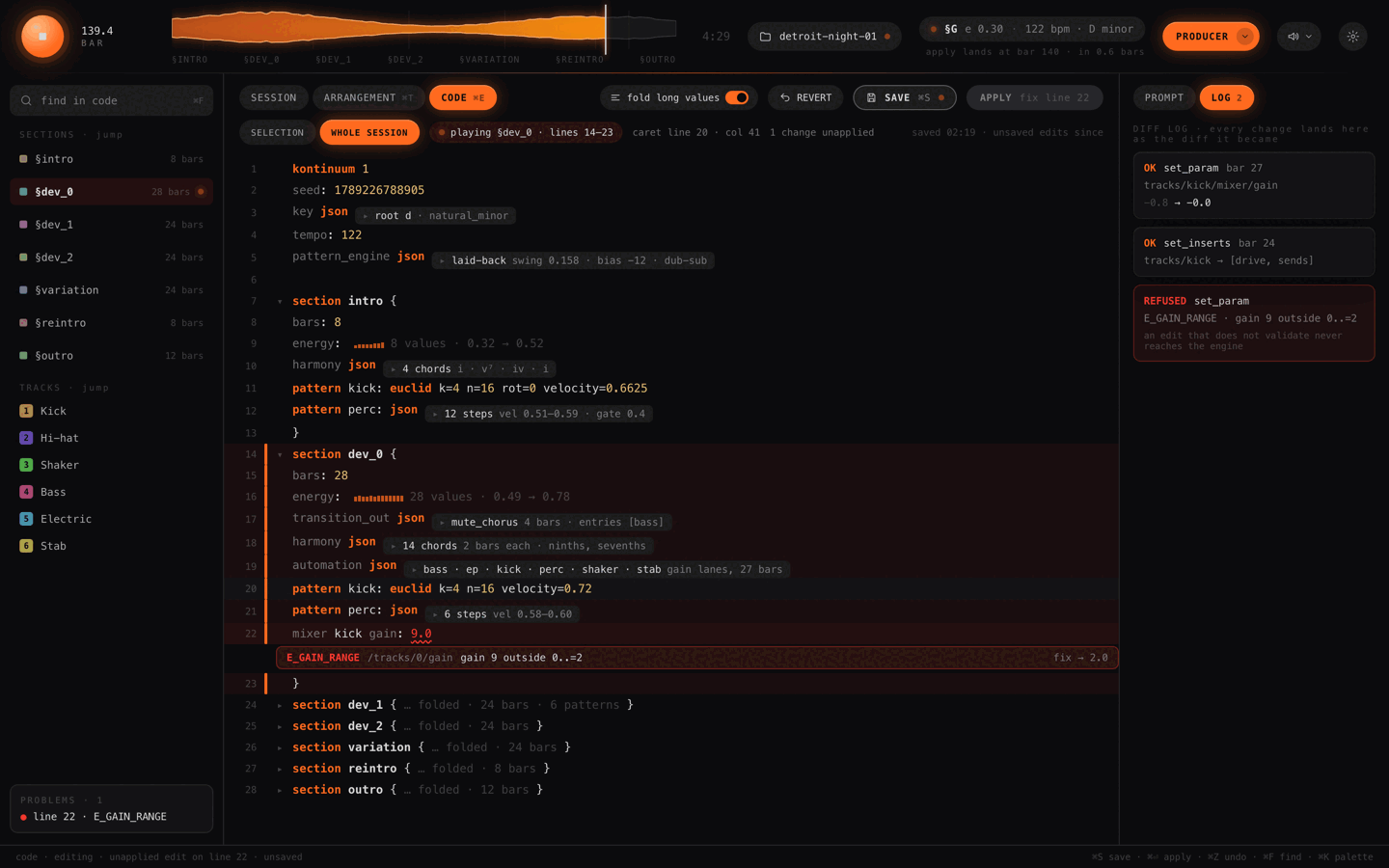 Code view: the project as text with line numbers, sections folded behind disclosure arrows, an inline diagnostic under a value that failed validation, and the diff log showing one edit refused.