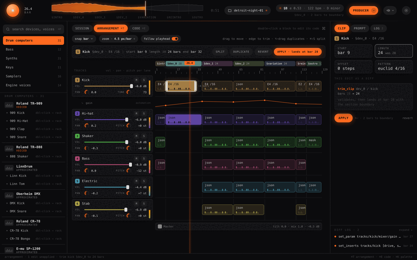 Arrangement timeline: section ruler and track lanes with clips, a selected clip with trim handles, per-lane volume and pan, and the pending edit shown as the diff that will apply at the section boundary.